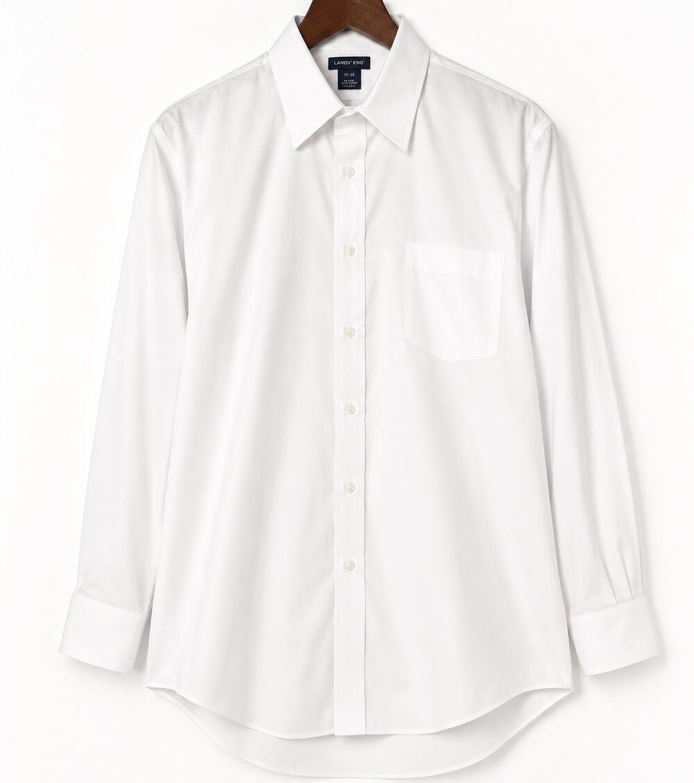 Lands' End No Iron Dress Shirt 17-33 White Button Front Cotton Long Sleeve